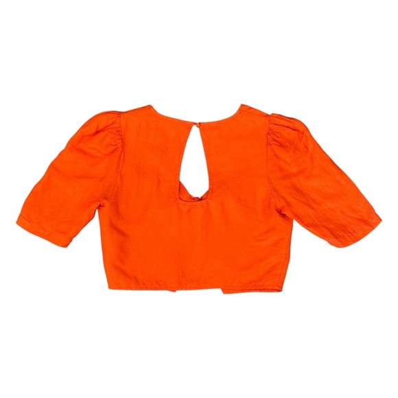 Maeve Anthropologie Tie-Front Linen Blend Puff Sleeve Crop Blouse Red/Orange 6 - Picture 4 of 7